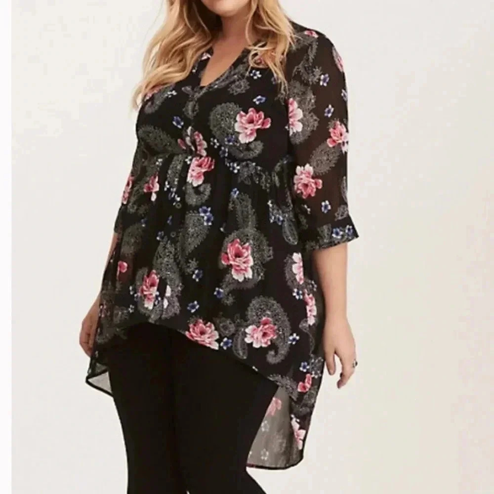 Torrid Paisley Print Chiffon Button‎ Front Hi-Low Top